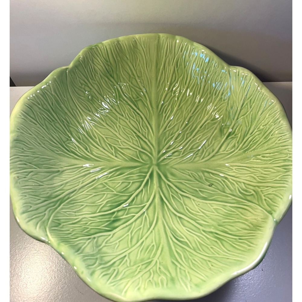 Vintage Green Cabbage Leaf Footed Bowl Green Large Serving Tablescape Cabbagecor